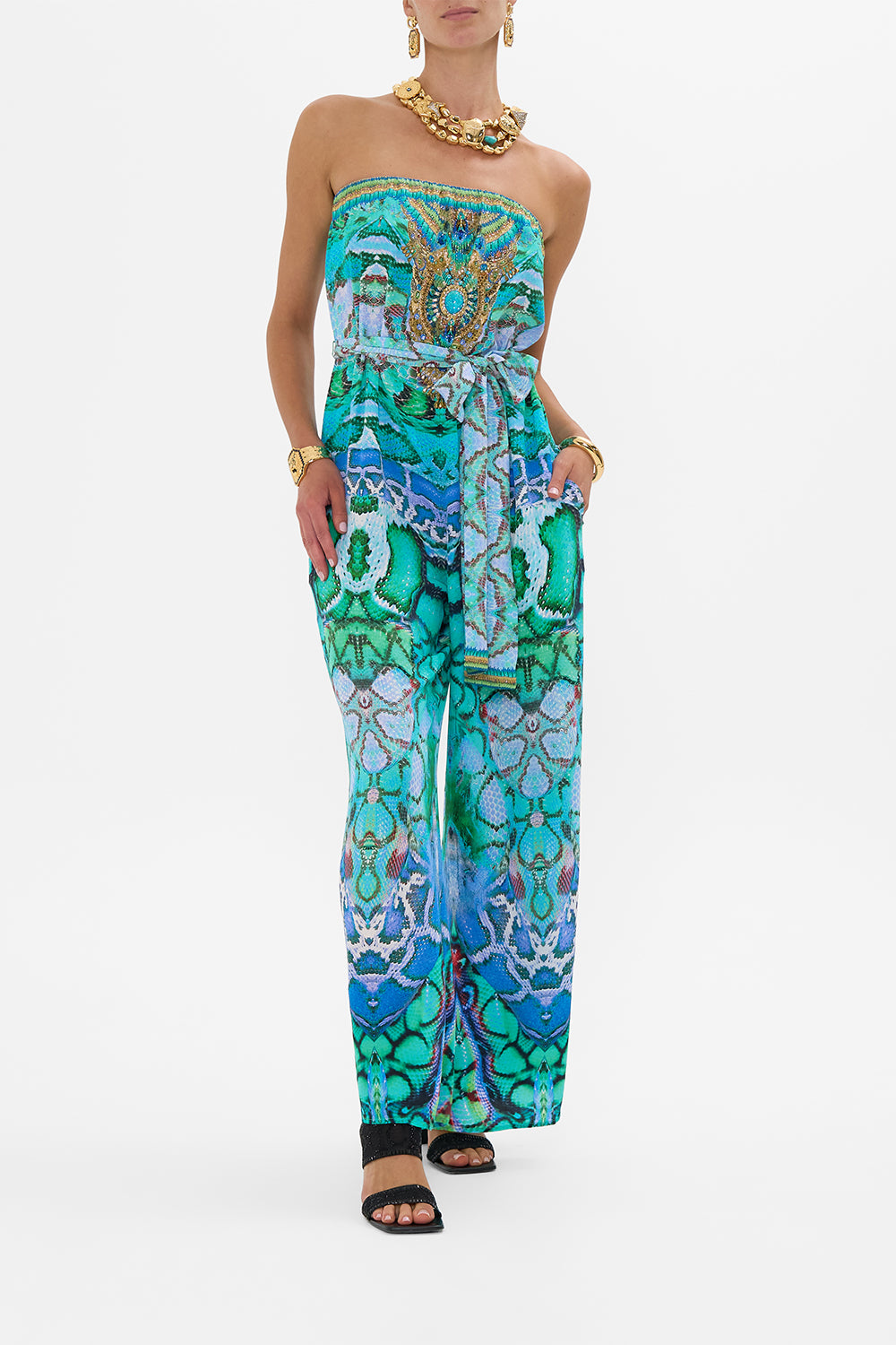 CAMILLA Tie Waist Strapless Jumpsuit in Land Of Wonder print