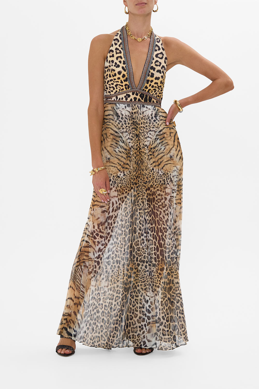 CAMILLA Tie Neck Halter Jumpsuit in Jaguar print