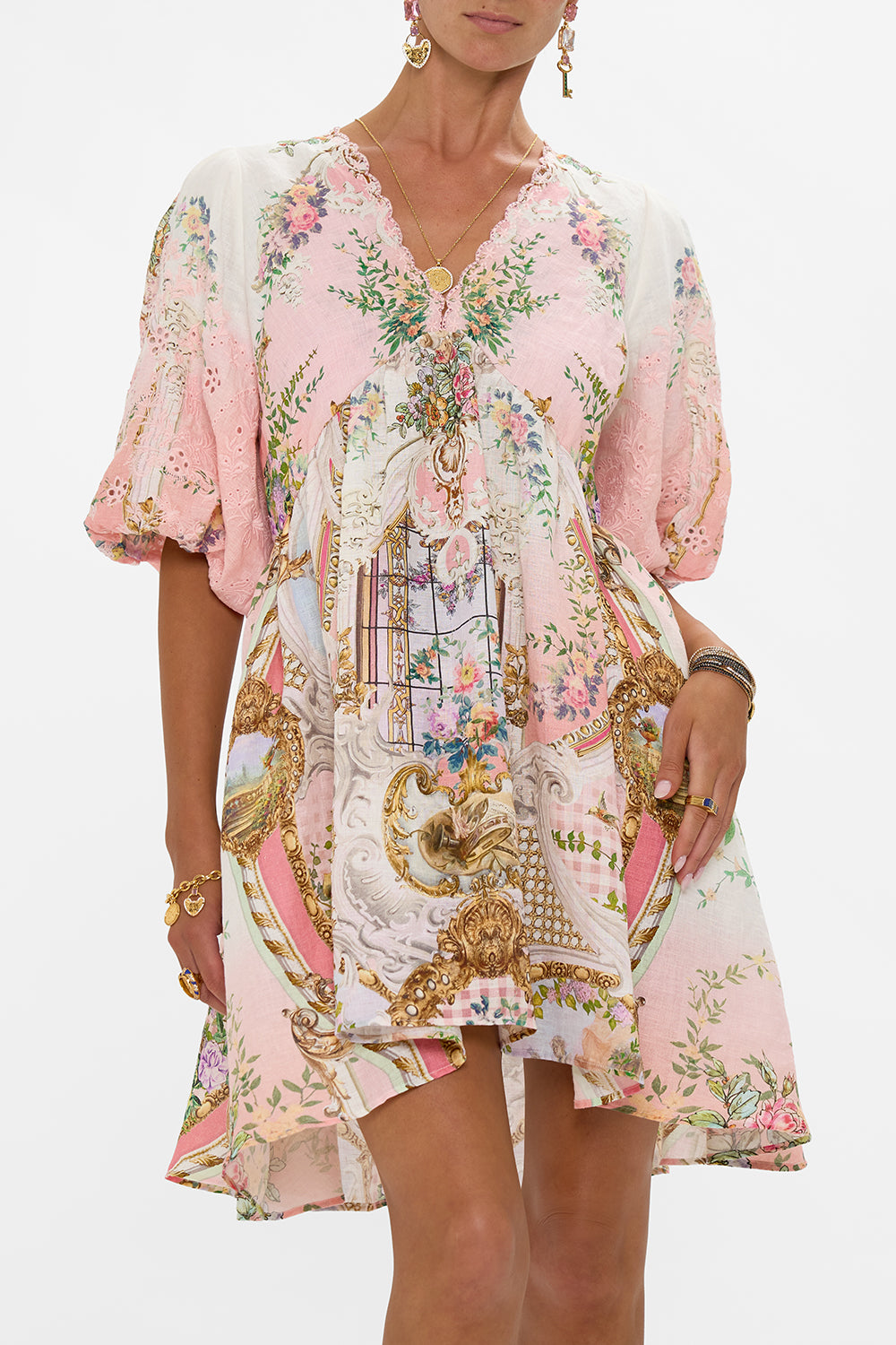 V NECK PUFF SLEEVE SHORT DRESS LISBON LULLABY