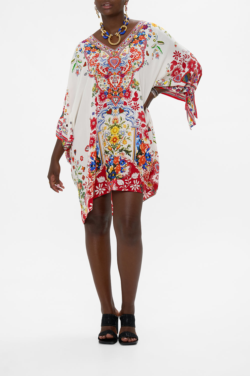 CAMILLA Tie Sleeve Short V Neck Kaftan in Faith, Luck & Justice print