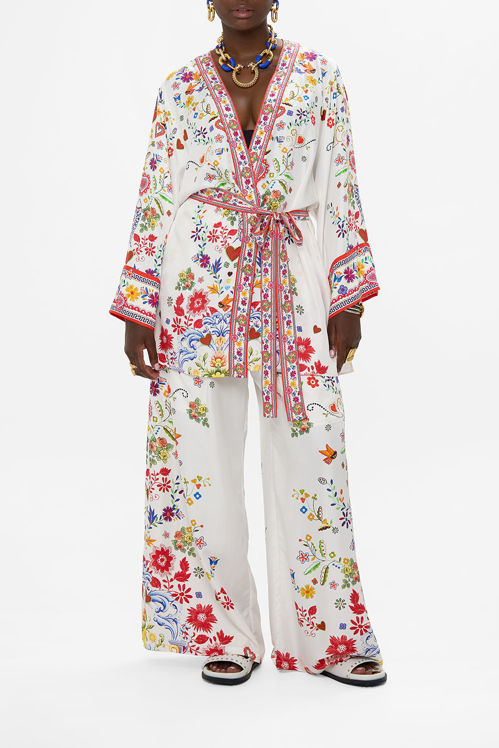 CAMILLA Short Kimono Wrap in Faith, Luck & Justice print