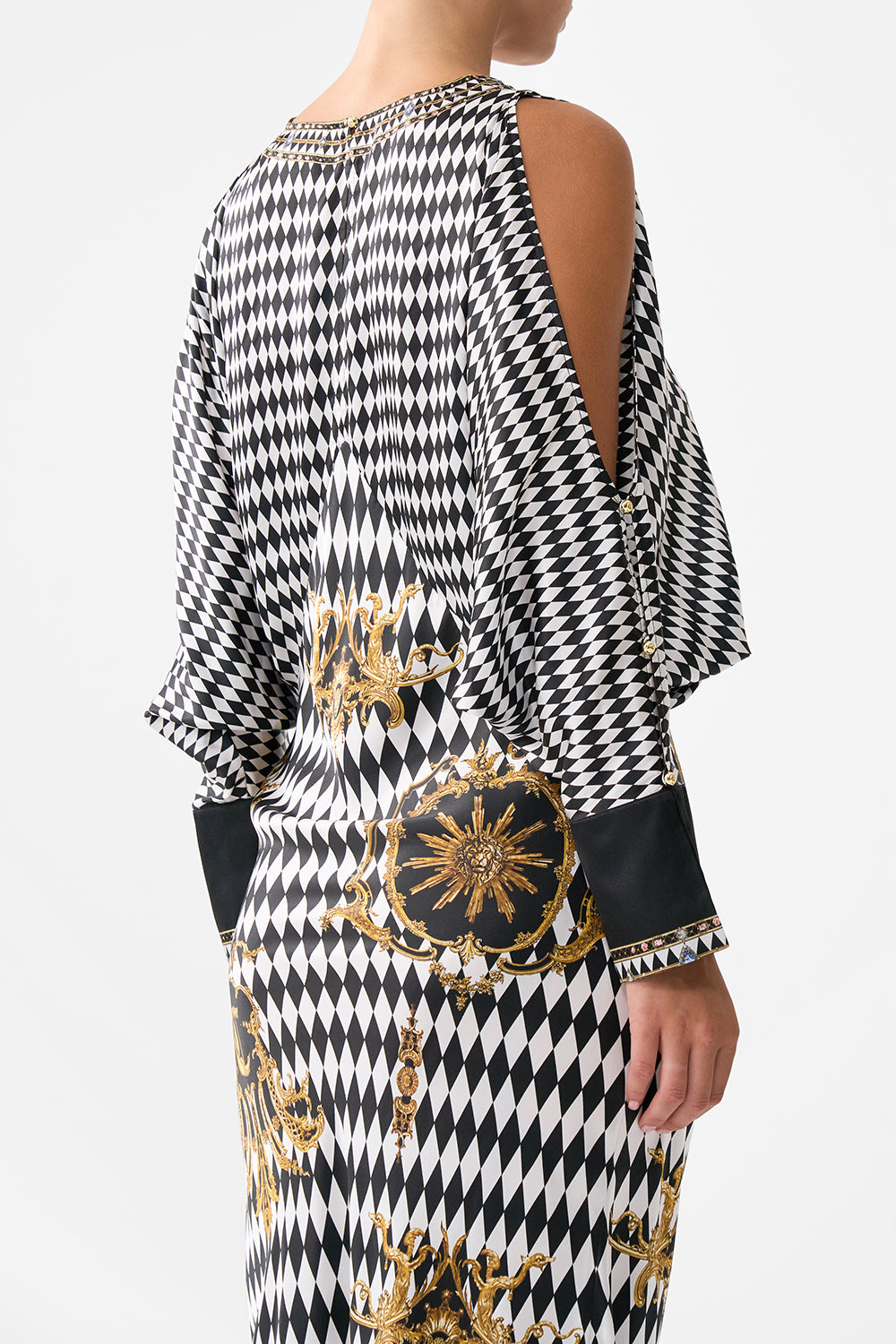 PLUNGE NECK DRAPED SHOULDER DRESS MONARCHY MANIA