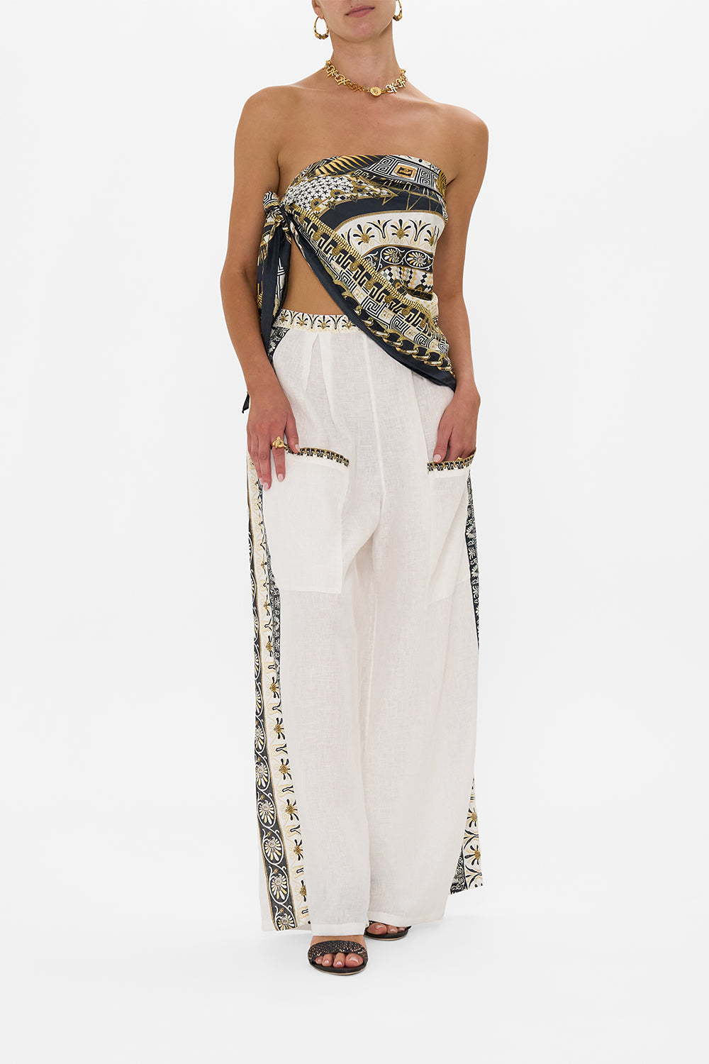CAMILLA Wide Leg Trouser With Front Pockets in Temples Of Dendara print