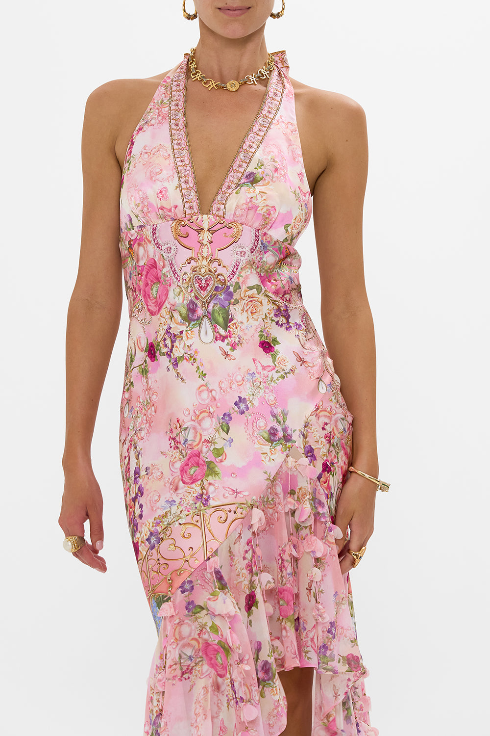 CAMILLA Bias Halter Dress with Ruffle Hem in Totally Ozmopolitan Print.