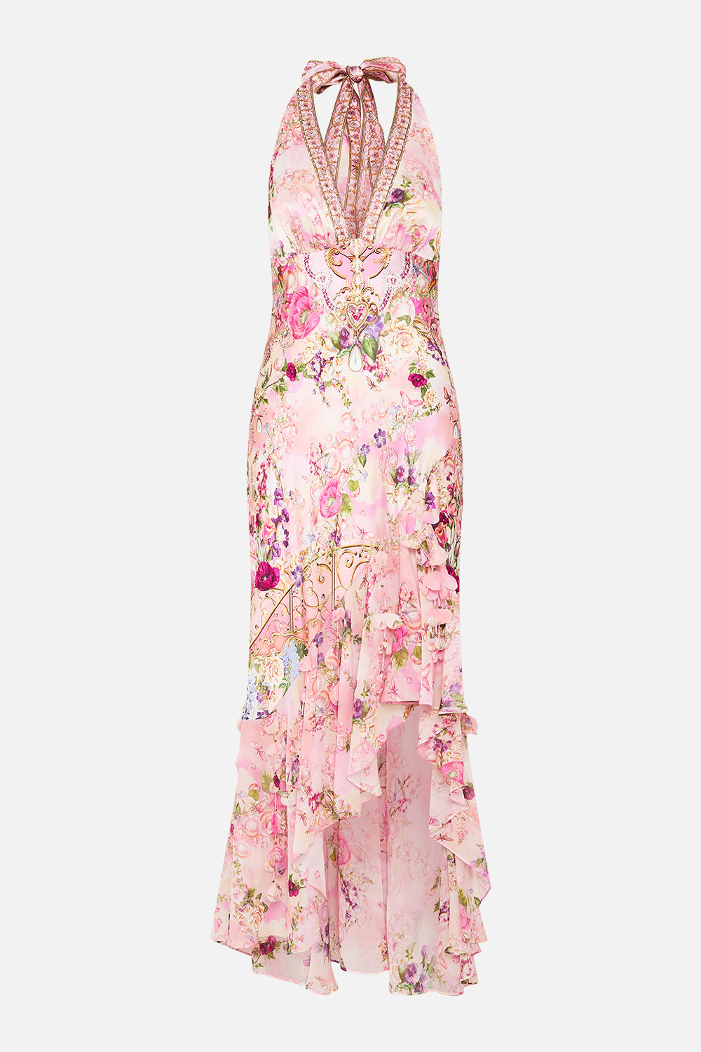 CAMILLA Bias Halter Dress with Ruffle Hem in Totally Ozmopolitan Print.