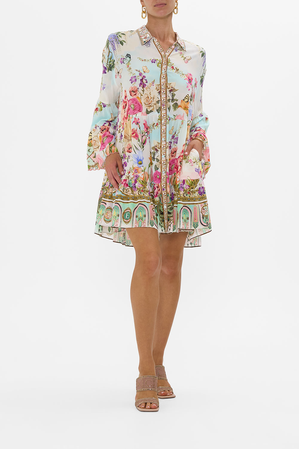 CAMILLA Tiered Dress With Collar in Munchkinland print