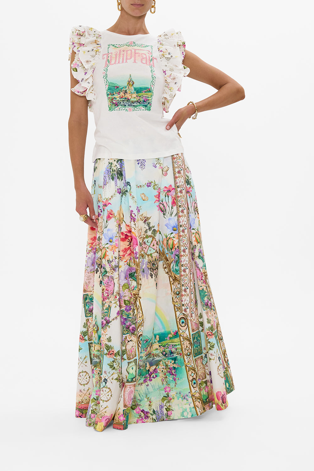 CAMILLA Double Frill Sleeve Tee in Munchkinland print