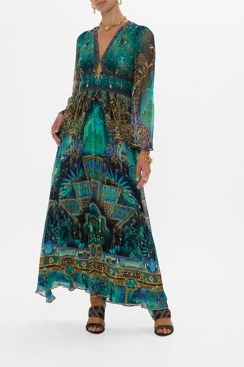 CAMILLA Green/Black Hardware Detail Long Sleeve Dress in Defy Gravity Print.