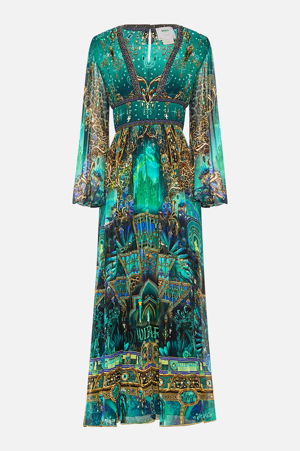 CAMILLA Green/Black Hardware Detail Long Sleeve Dress in Defy Gravity Print.