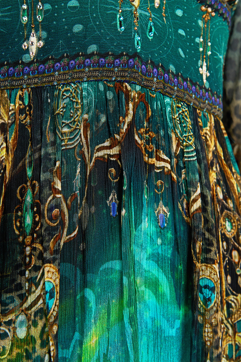 CAMILLA Green/Black Hardware Detail Long Sleeve Dress in Defy Gravity Print.