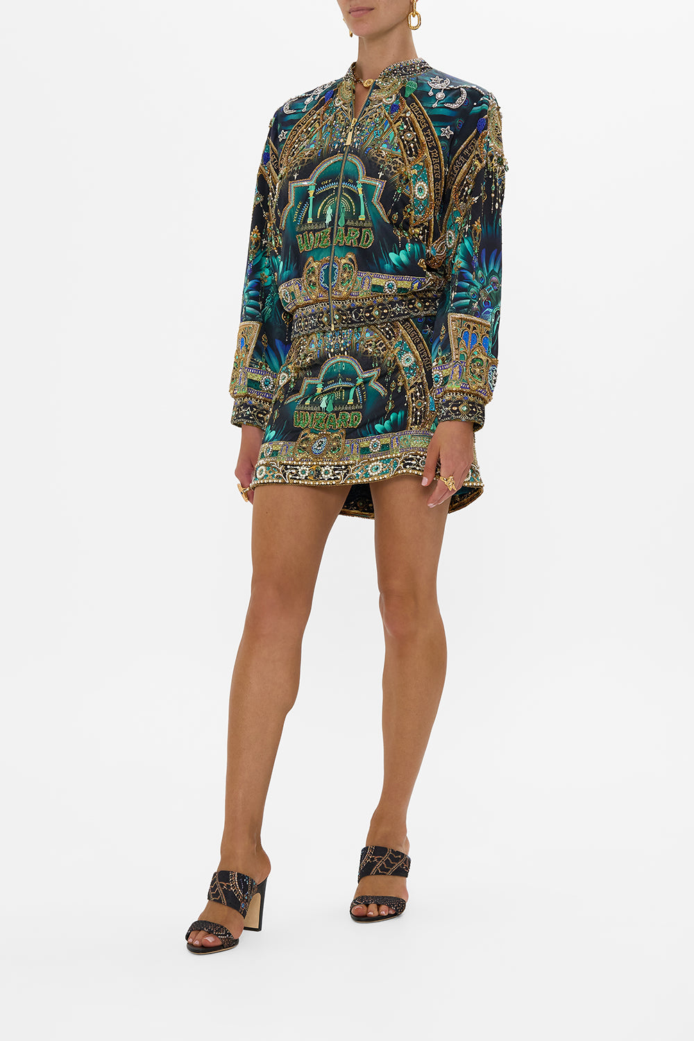 CAMILLA Green/Black Bomber Jacket in Defy Gravity Print