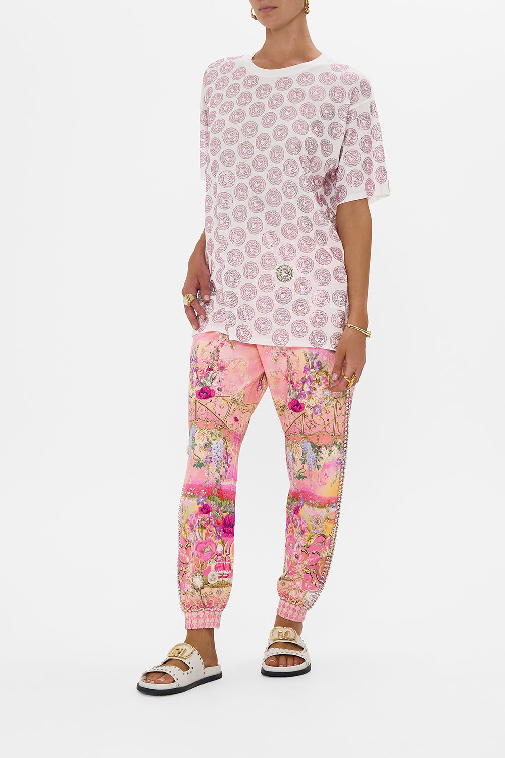 CAMILLA Oversized Band Tee - White/Pink in Totally Ozmopolitan Print