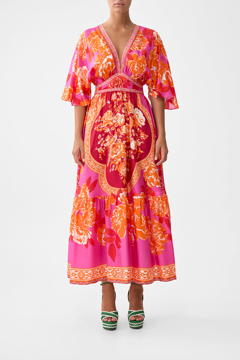 WAISTED DRESS WITH HEM RUFFLE PATHS OF GOLD