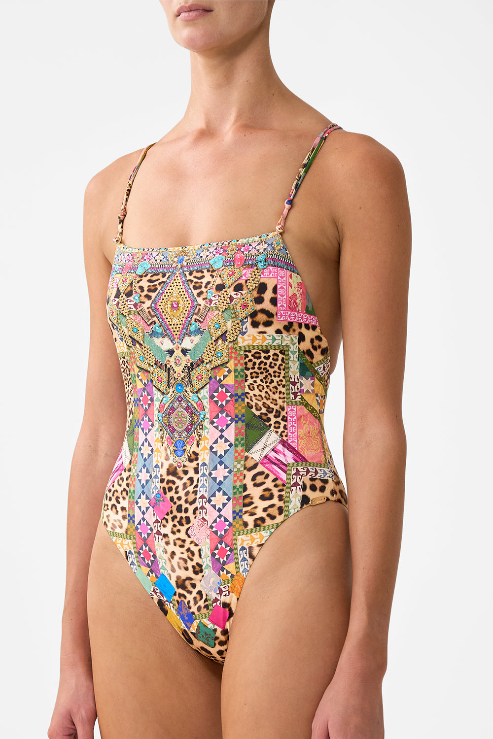 STRAIGHT NECK DOUBLE STRAP BUTTON ONE PIECE EMBROIDERED EVER AFTER