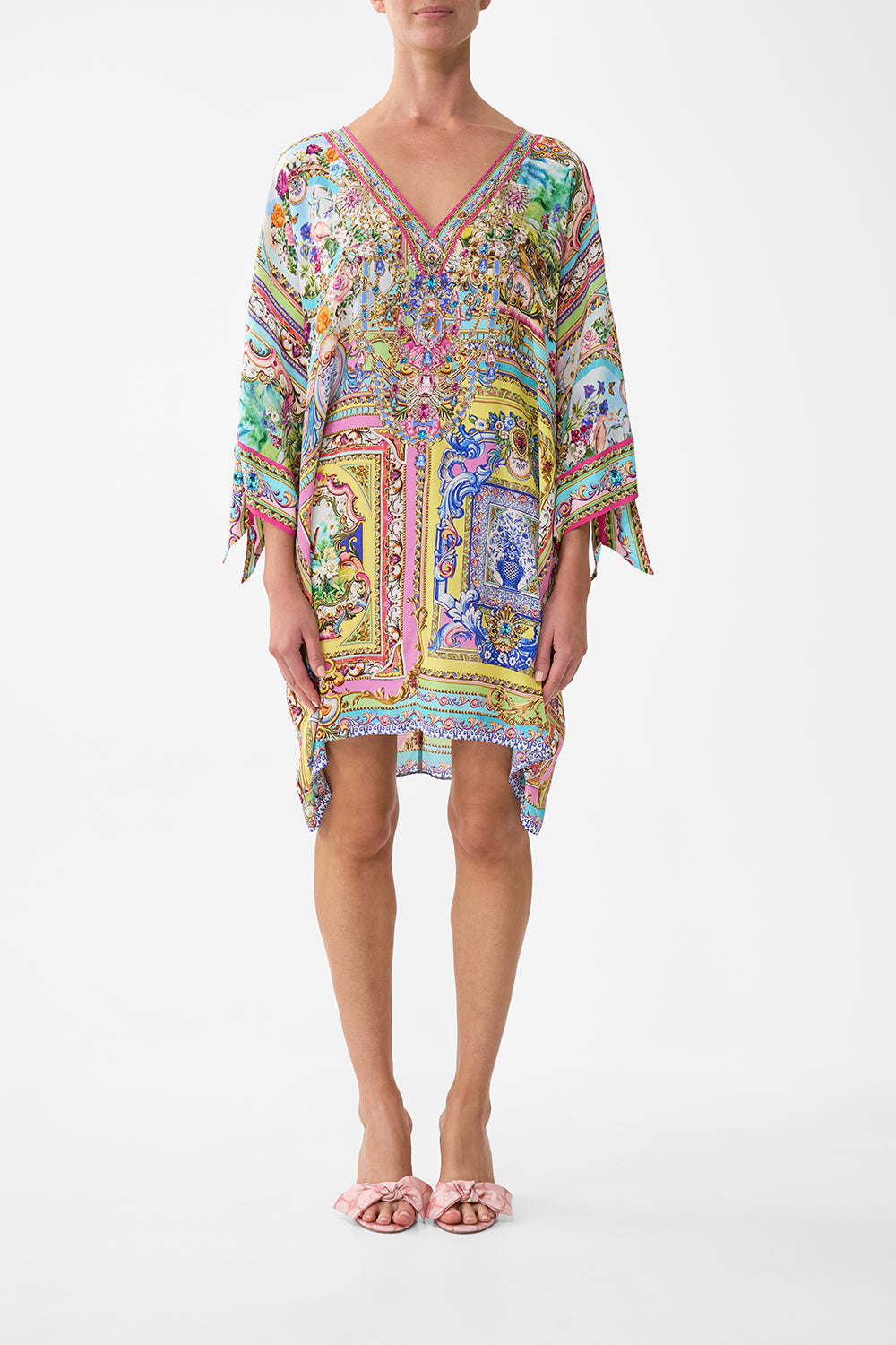 The CAMILLA Tie Sleeve Short V Neck Kaftan in our Spirit Of Santa Maria print.