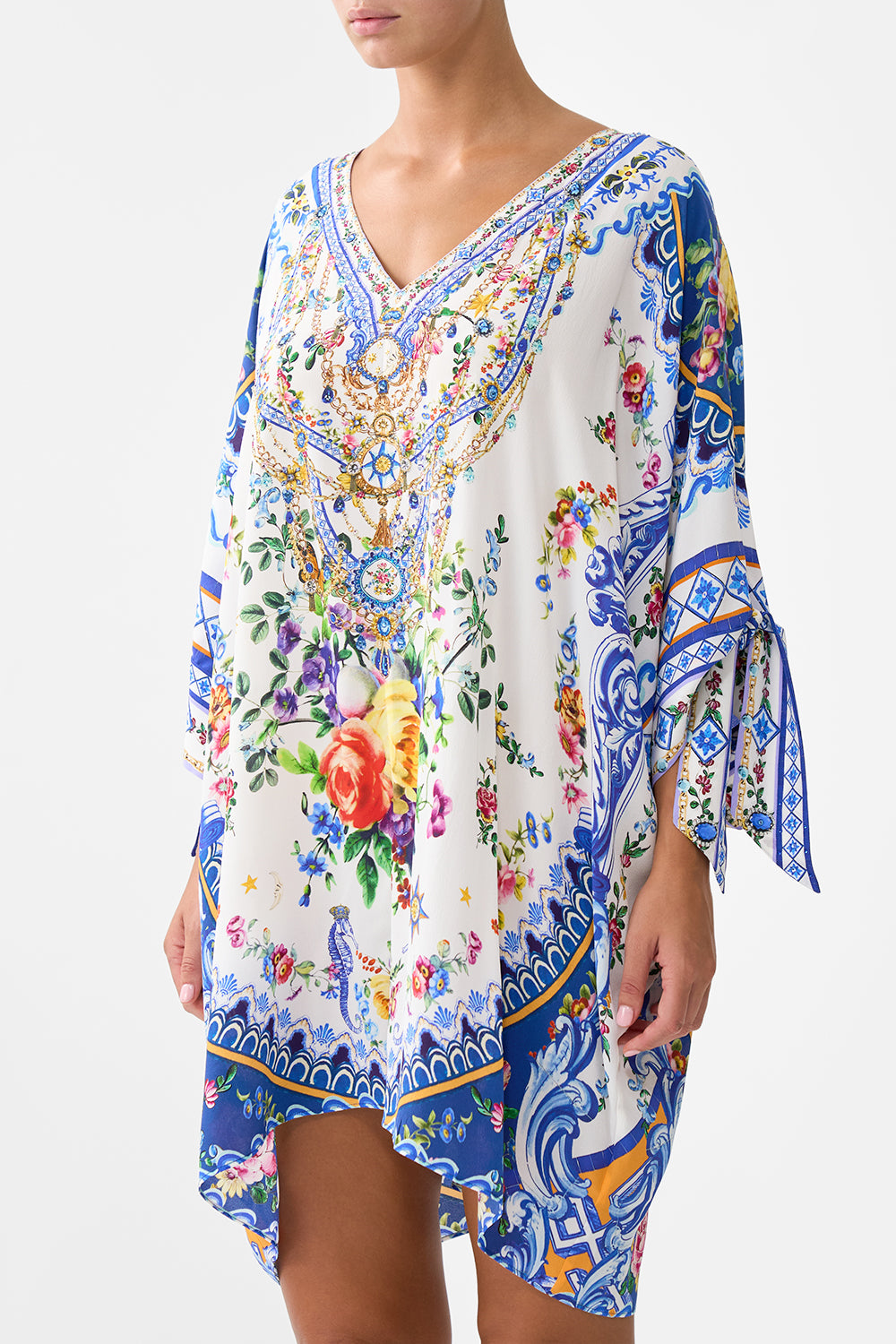 The CAMILLA Tie Sleeve Short V Neck Kaftan in our Tiles Darls print.