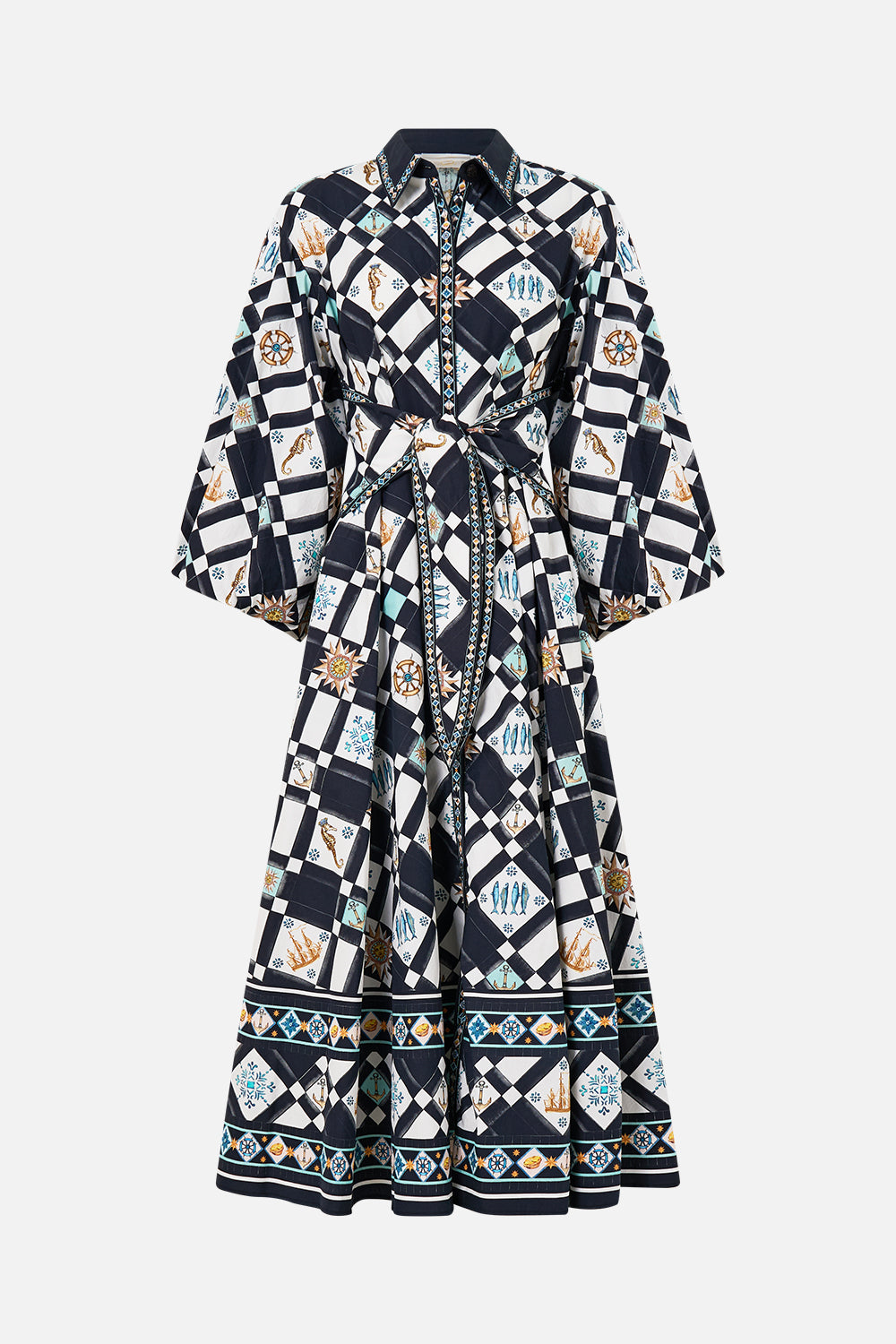The CAMILLA Waist Tie Shirt Dress With Bubble Sleeve in our Folk Afloat print.