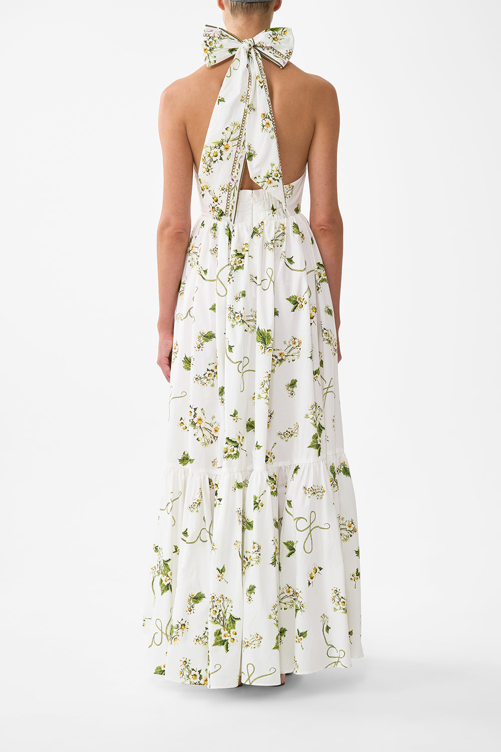 The CAMILLA Ruffle Hem Halter Dress in our Botanical Utopia print.