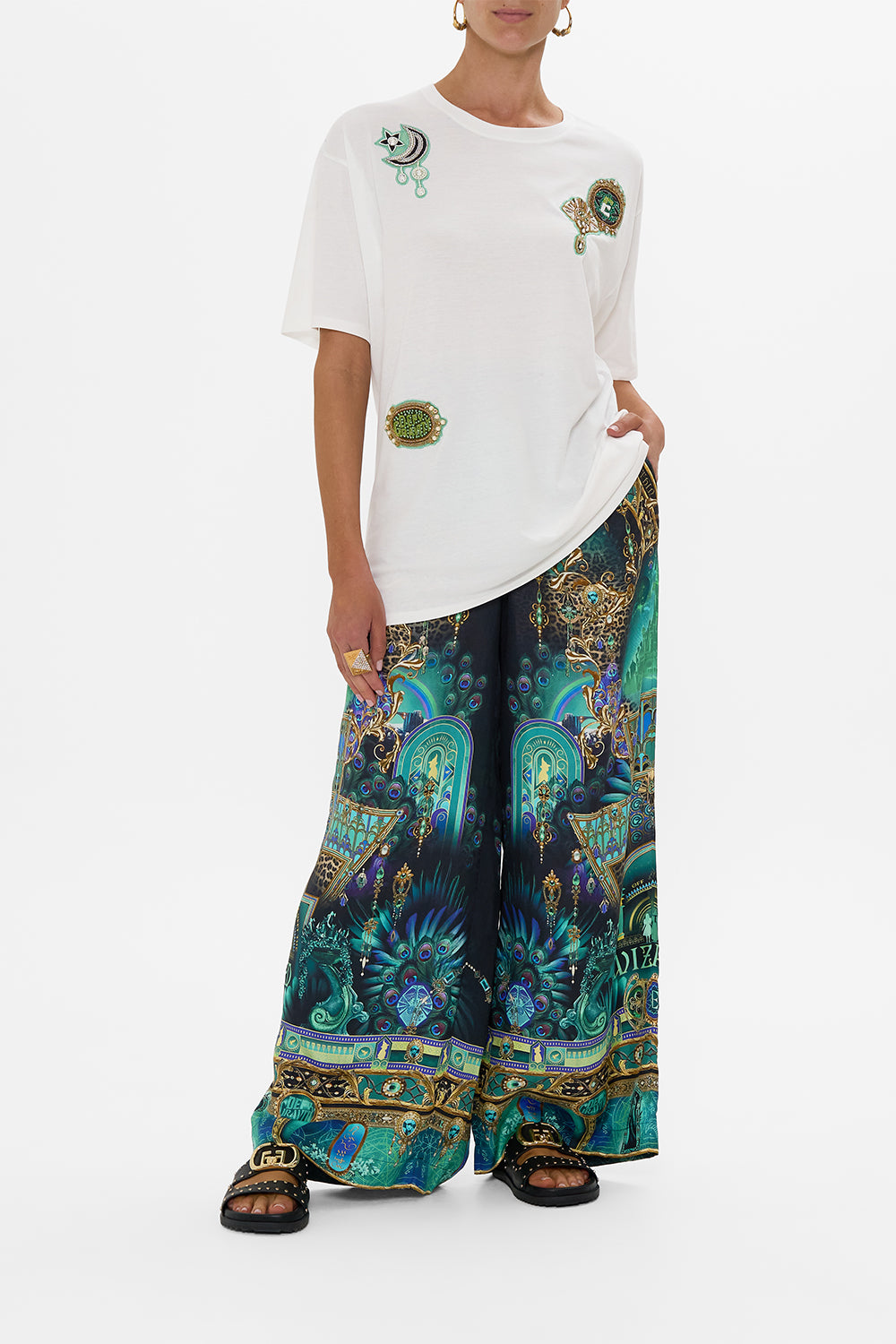 CAMILLA Green/Black Oversized Band Tee- White in Defy Gravity Print