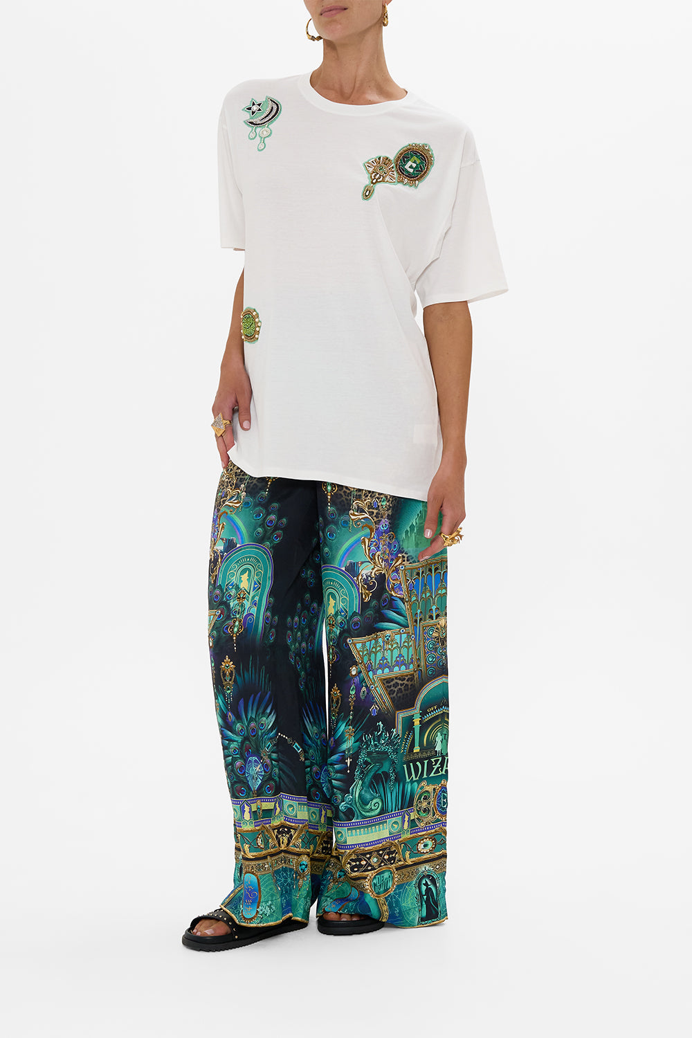CAMILLA Green/Black Oversized Band Tee- White in Defy Gravity Print