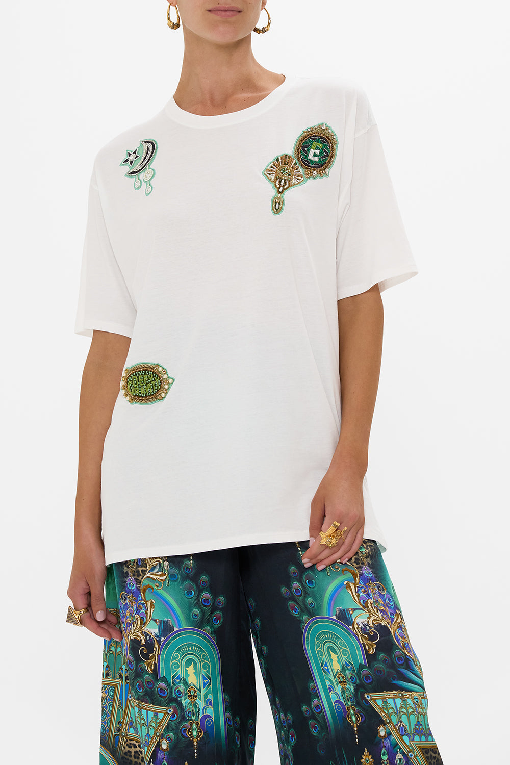 CAMILLA Green/Black Oversized Band Tee- White in Defy Gravity Print