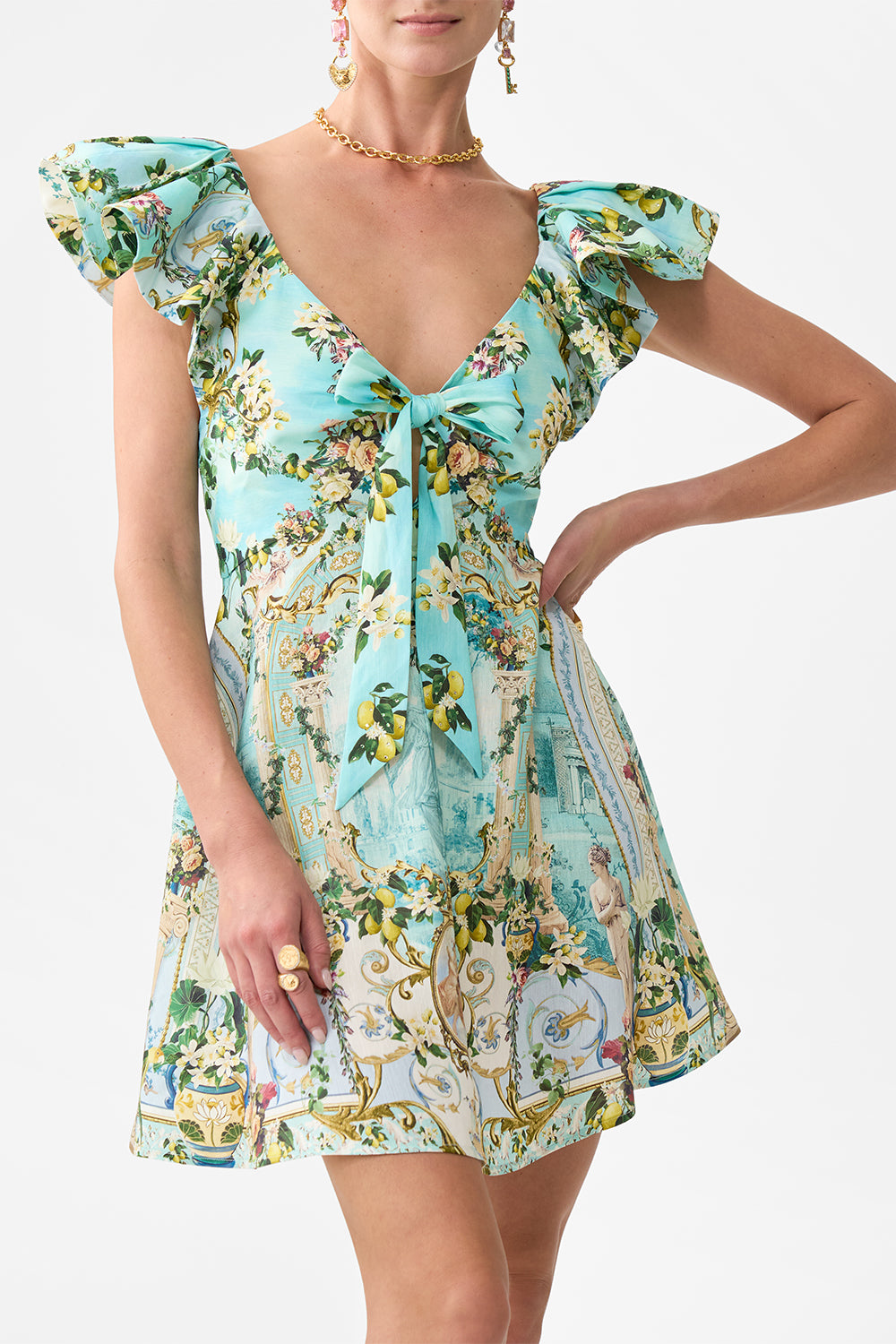 TIE FRONT FRILL SLEEVE SHORT DRESS VENUS ON A VESPA