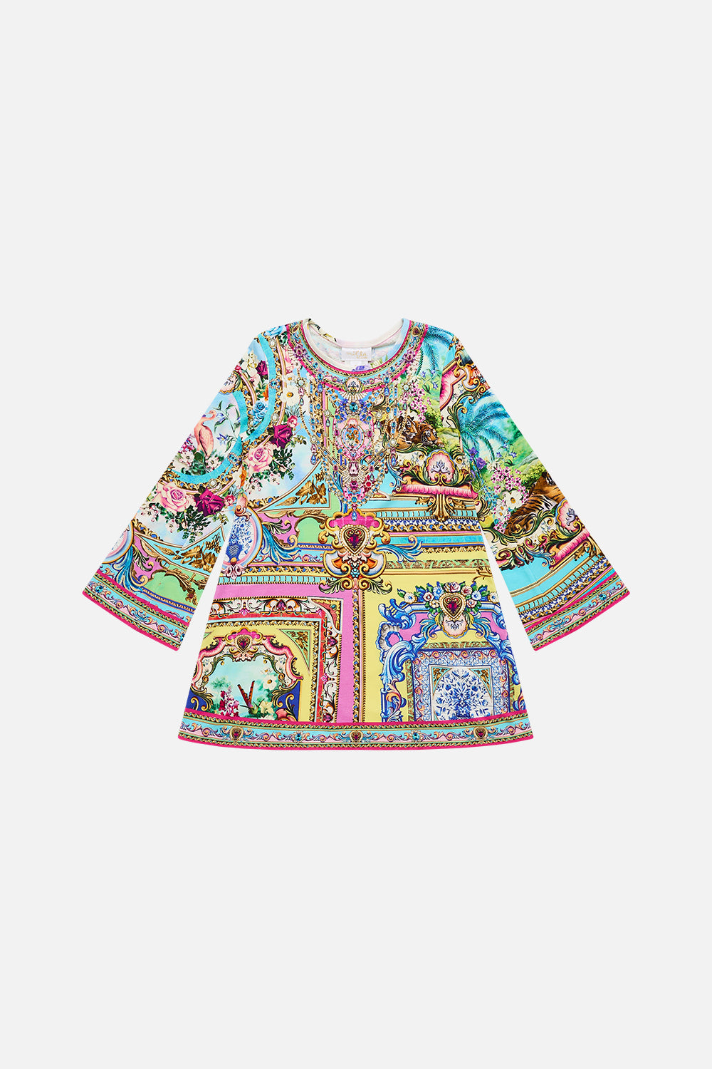 The CAMILLA Kids Flare Long Sleeve Tee Mini Dress 4-10 in our Spirit Of Santa Maria print.