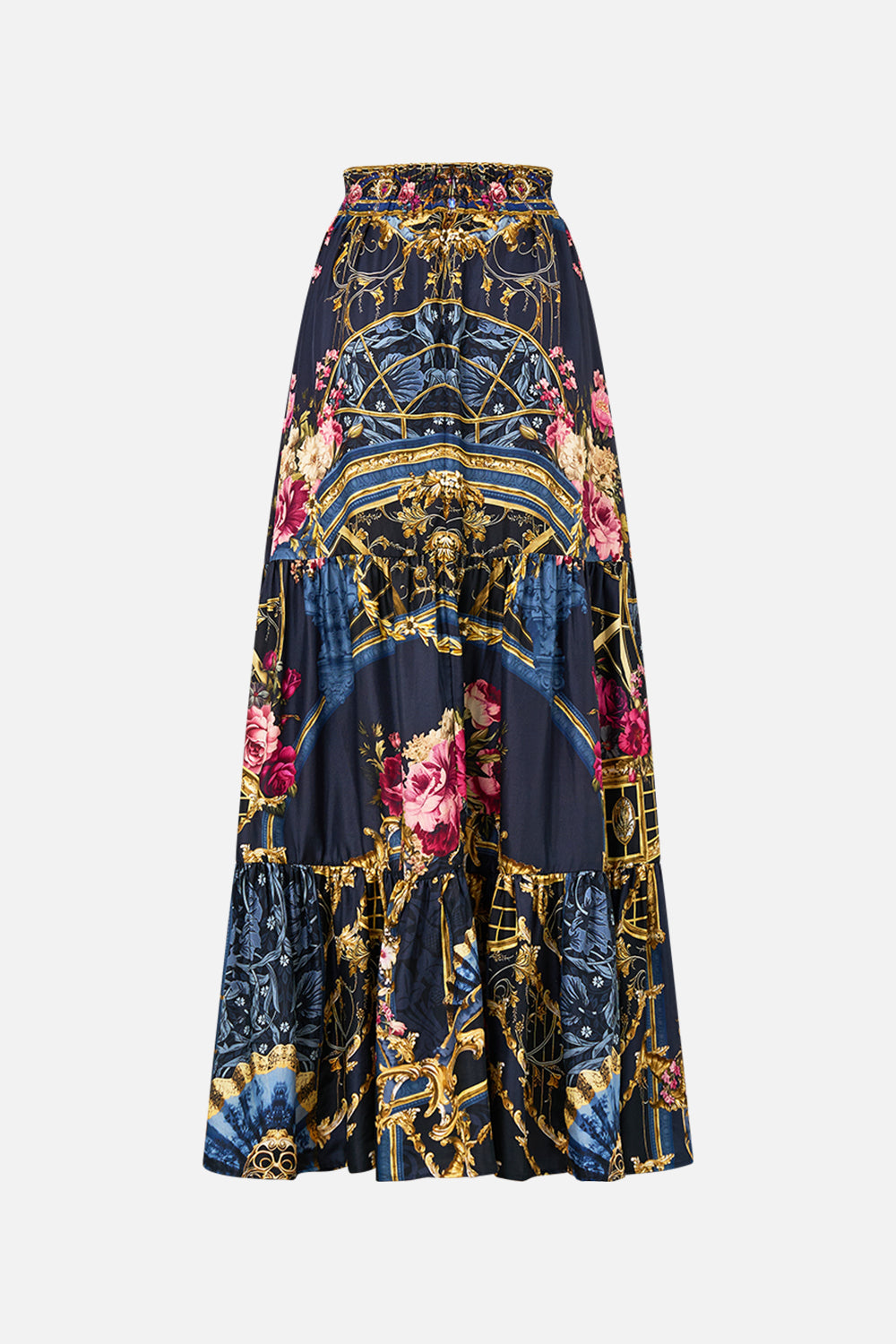 The CAMILLA High Waisted Tiered Skirt in our Ornate On A Plate print.