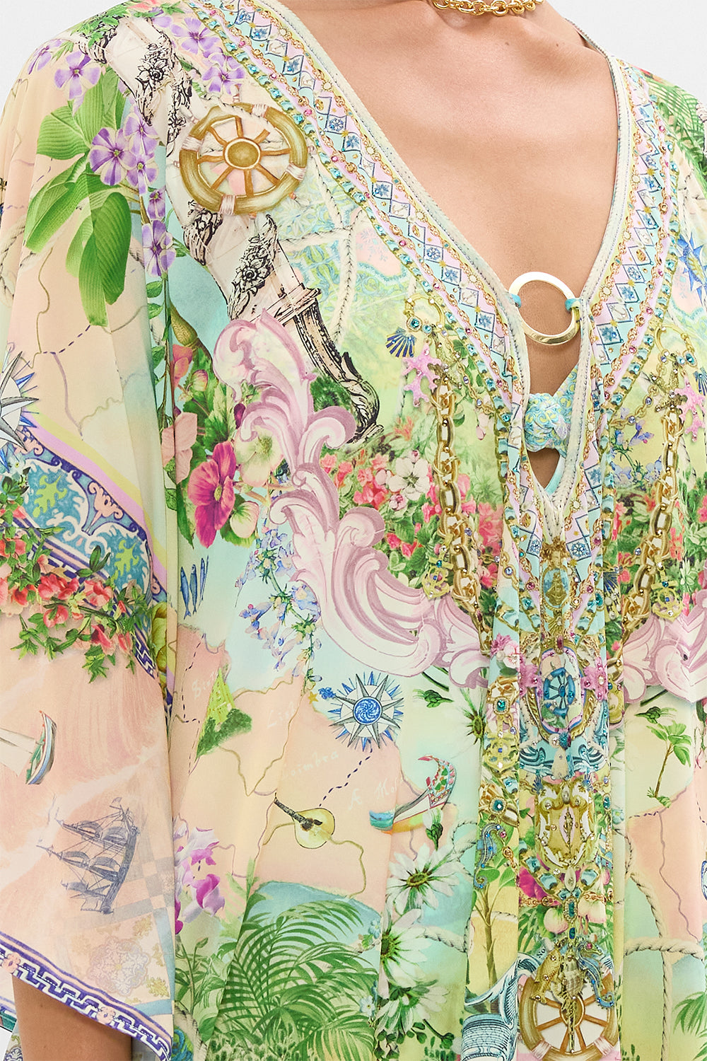 The CAMILLA Short V Neck Kaftan With Ring Front Trim in our Just Coasting print.