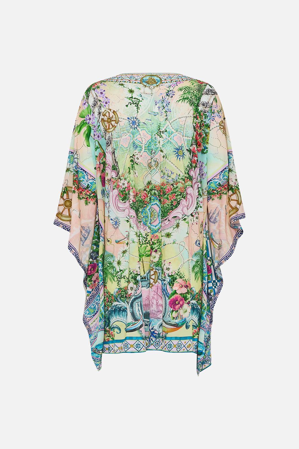 The CAMILLA Short V Neck Kaftan With Ring Front Trim in our Just Coasting print.