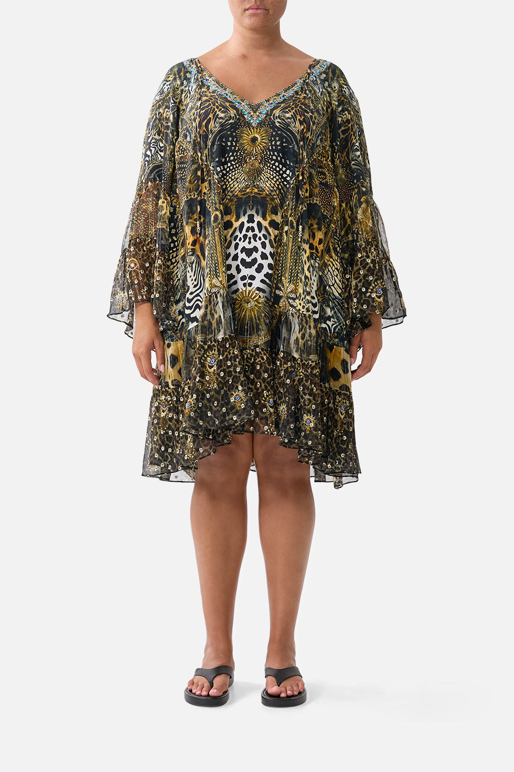 A-LINE GATHERED PANEL DRESS FELINE FOLKLORE