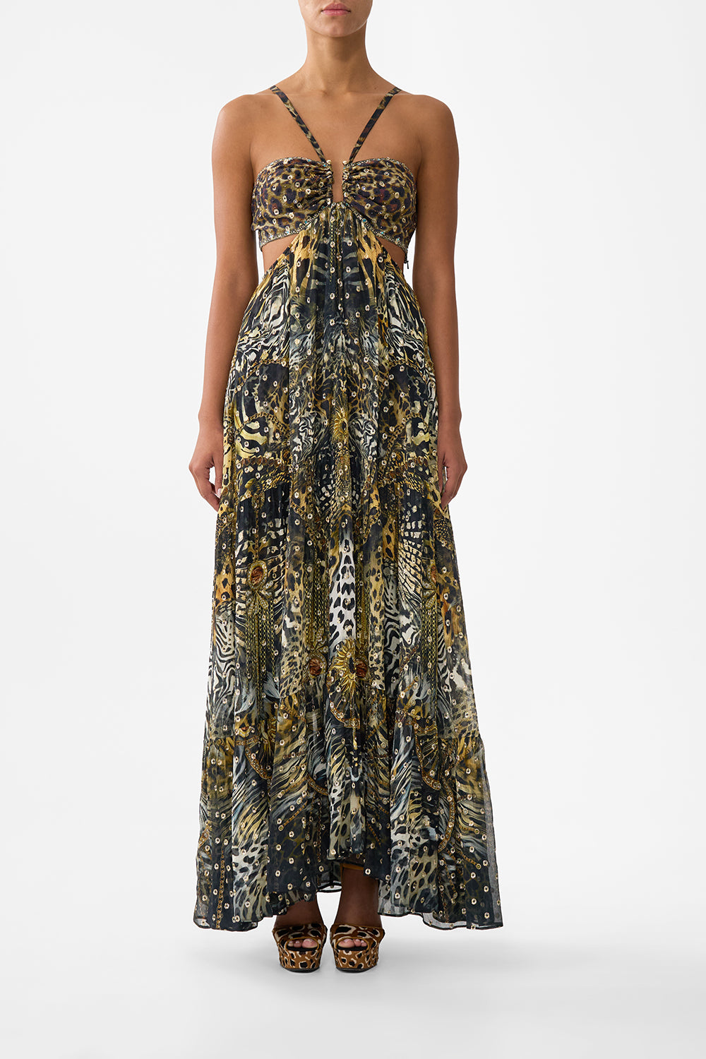 GATHERED CUT OUT DRESS FELINE FOLKLORE