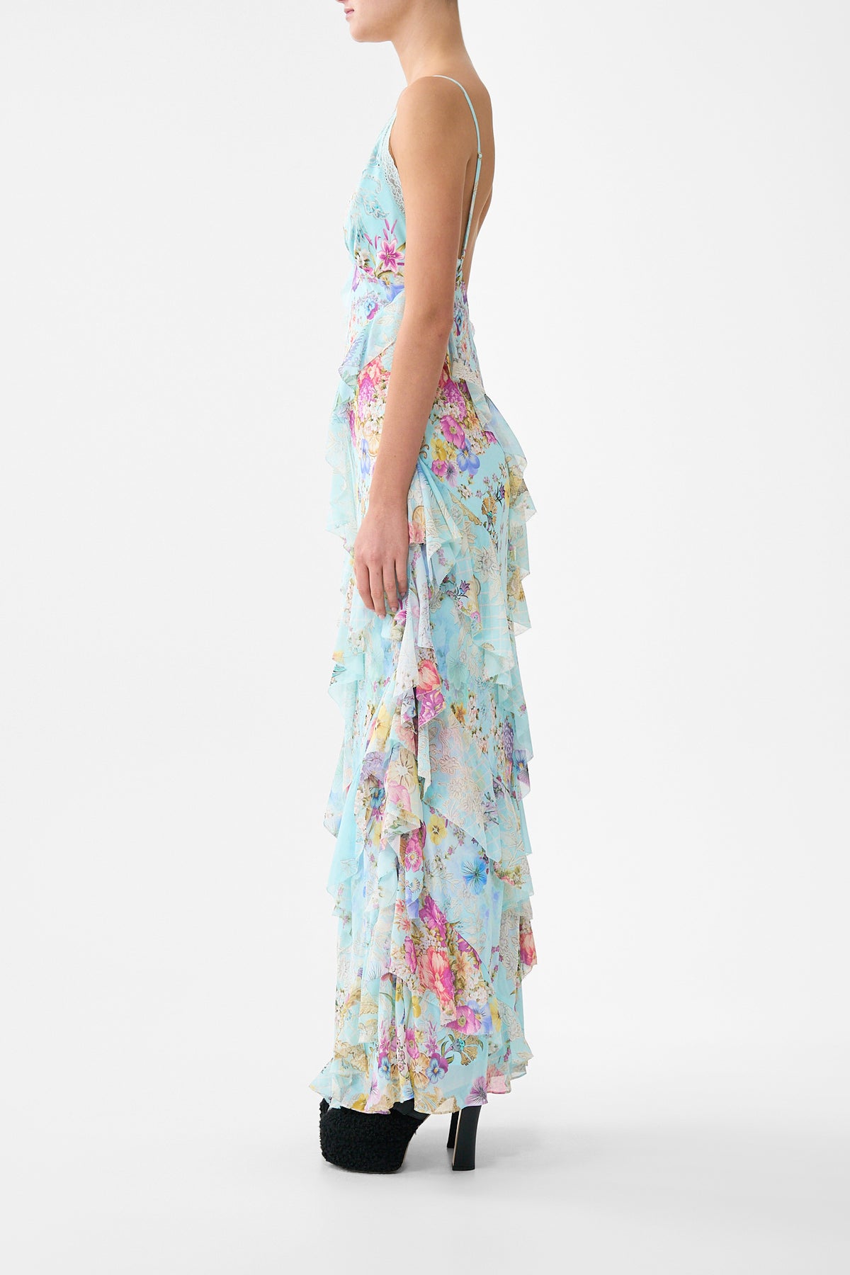 ASYMMETRICAL RUFFLE SLIP DRESS BAZAAR BLOOMS