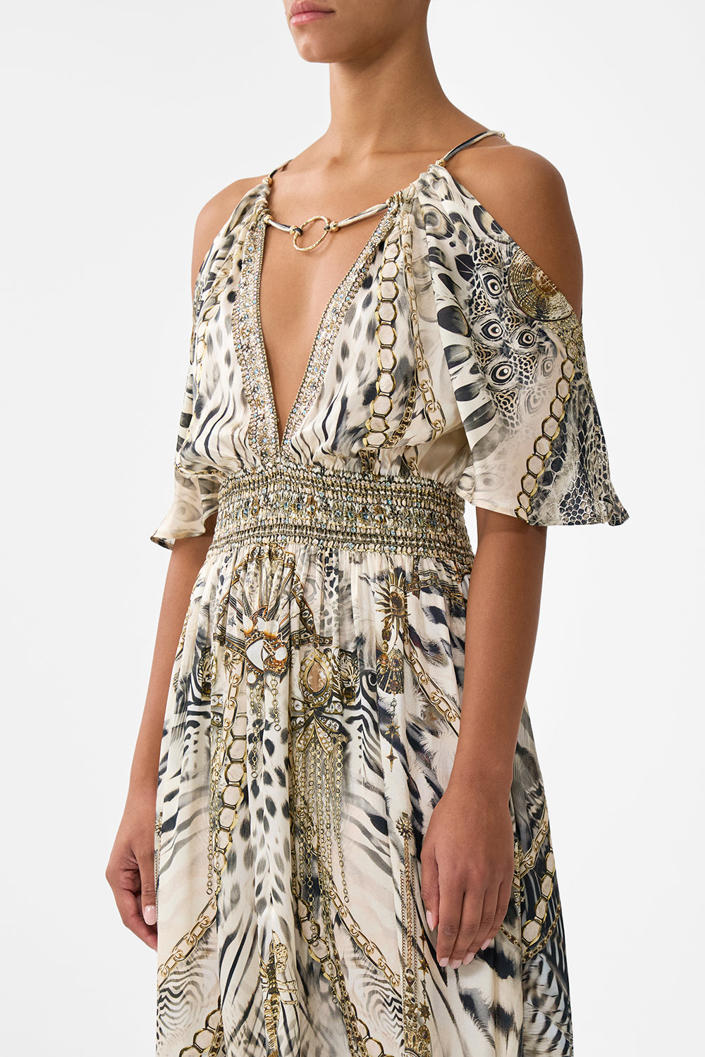 NECK CHARM SHIRRED WAIST LONG DRESS LADY LIONHEART