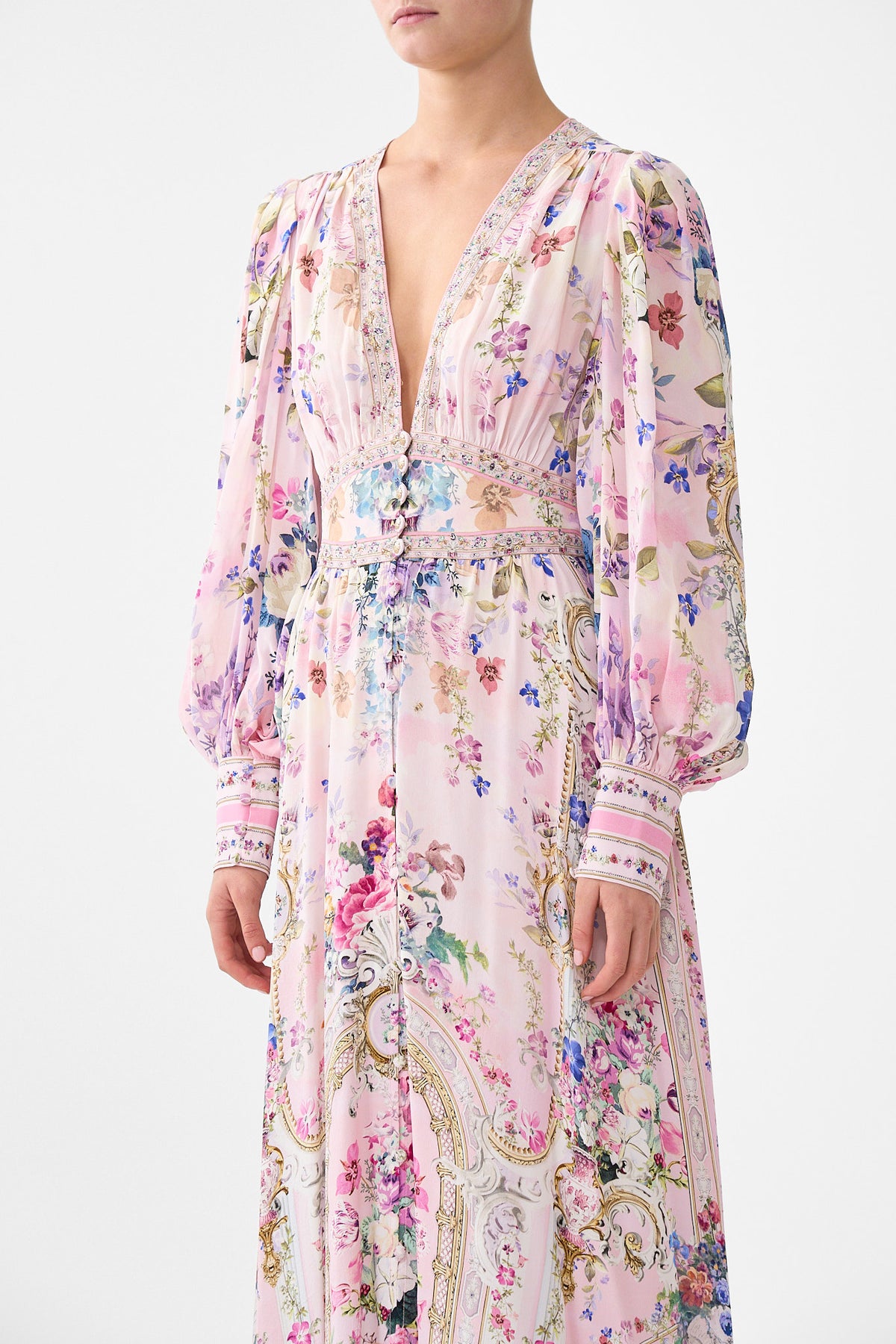 SHAPED WAISTBAND DRESS WITH GATHERED SLEEVES PALATIAL PASTELS