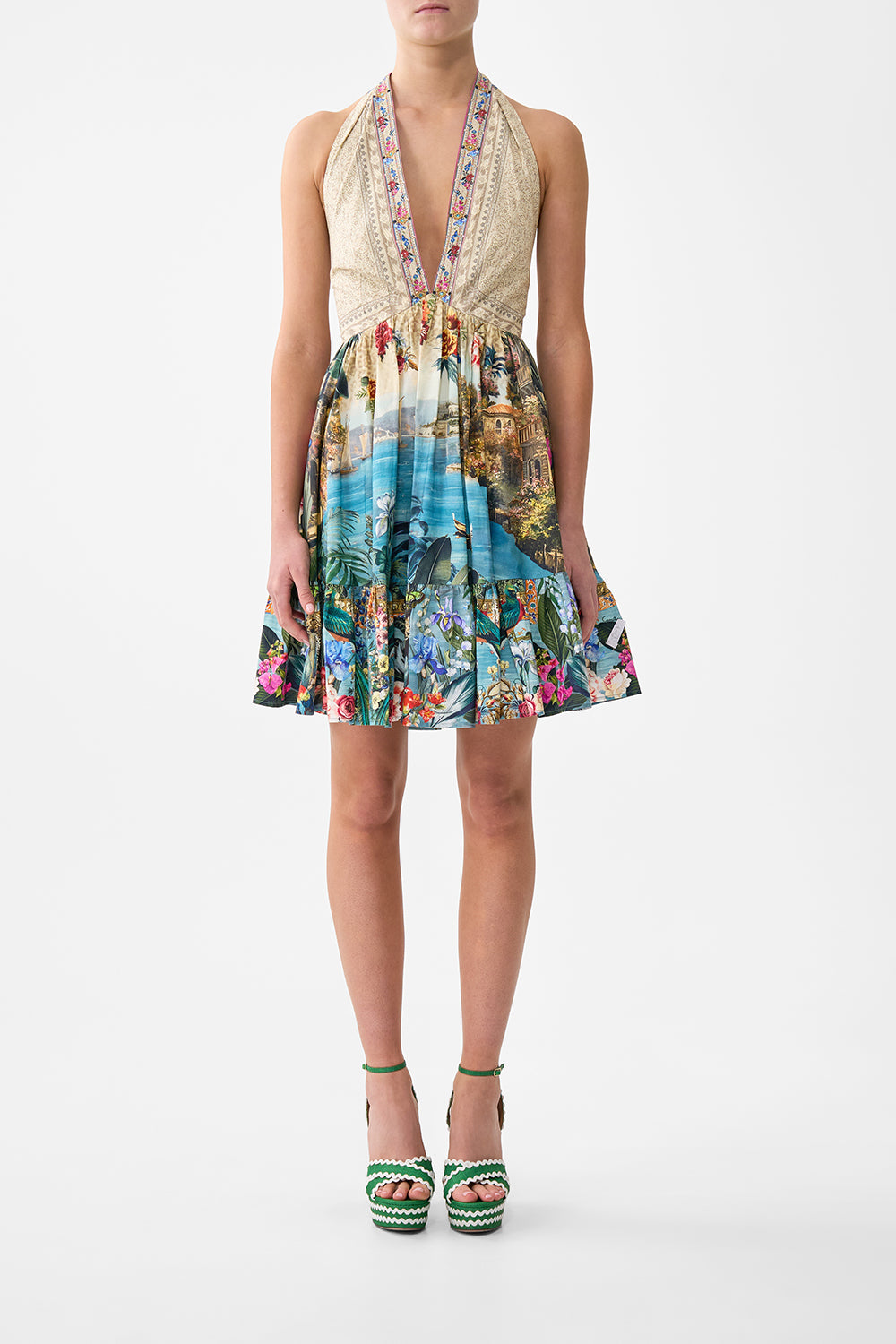 RUFFLE HEM HALTER SHORT DRESS BODRUM BOTANICALS