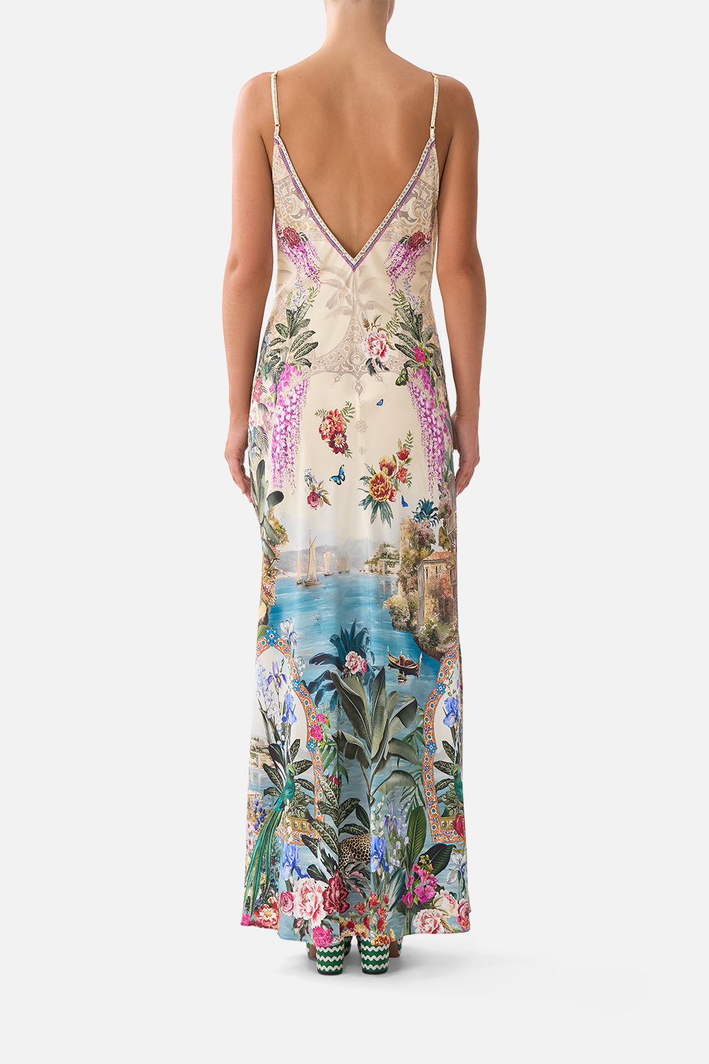 V-NECK FULL LENGTH BIAS SLIP DRESS BODRUM BOTANICALS