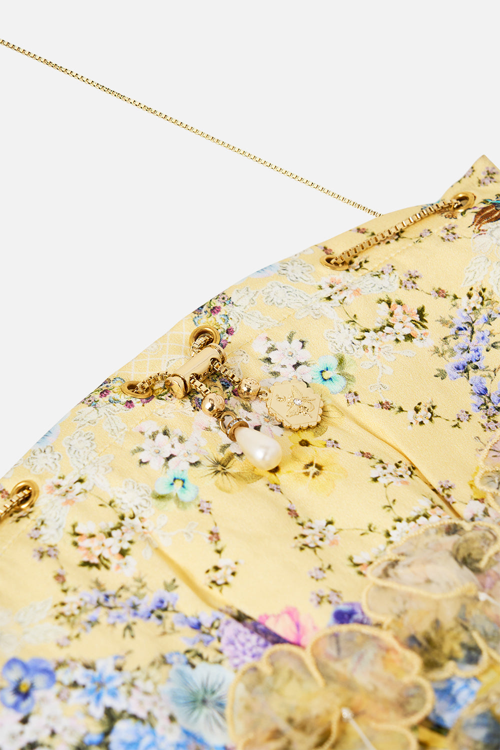 DRAWSTRING POUCH BAG WITH FLORAL FRINGE DARLING BUDS