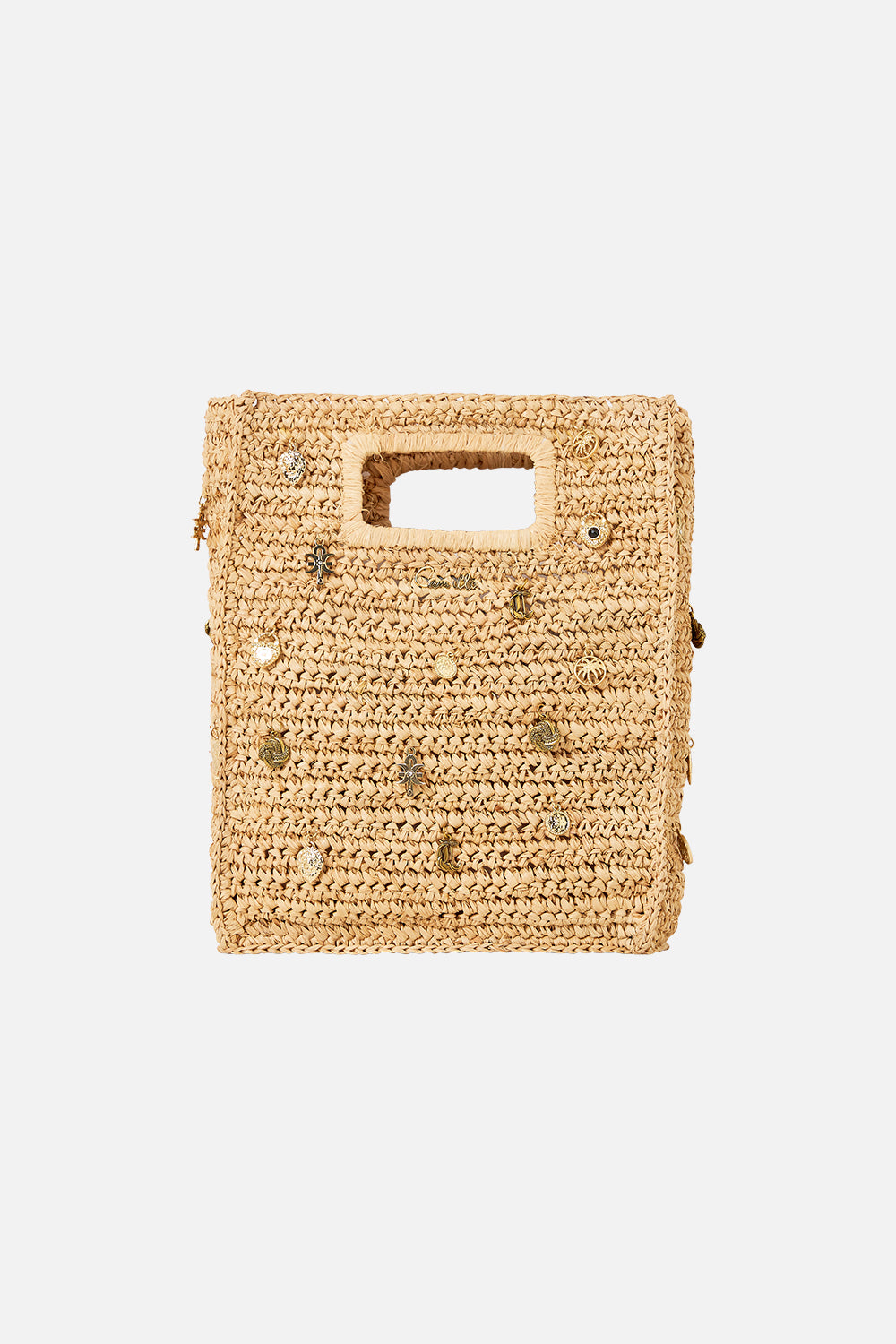 RAFFIA MINI NORTH SOUTH TOTE WITH CHARMS NATURAL