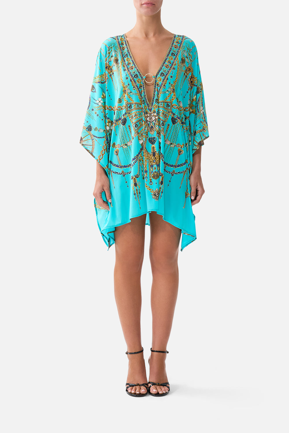 SHORT V NECK KAFTAN WITH RING FRONT TRIM TOTEMS AND TREASURES