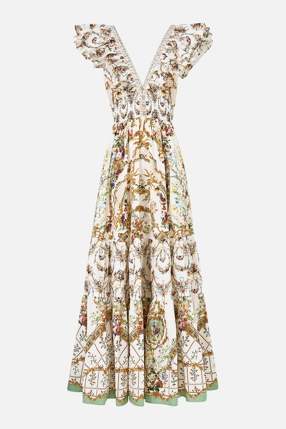 The CAMILLA Tiered Dress With Neck Frill in our Dressing Room Drama print.