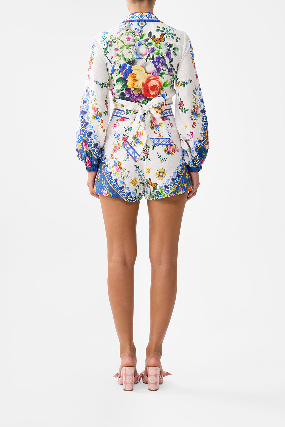 The CAMILLA Cropped Wrap Shirt in our Tiles Darls print.