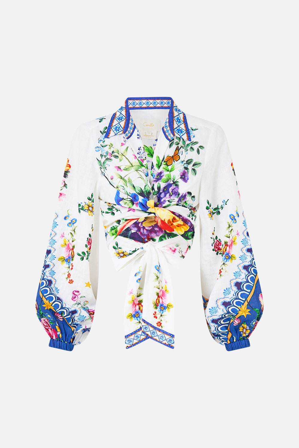 The CAMILLA Cropped Wrap Shirt in our Tiles Darls print.