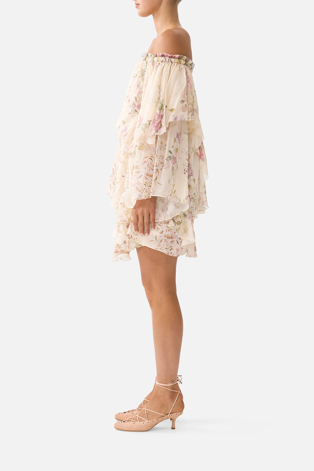OFF SHOULDER ASSYMETRIC RUFFLE DRESS ADORNED IN ARANJUEZ