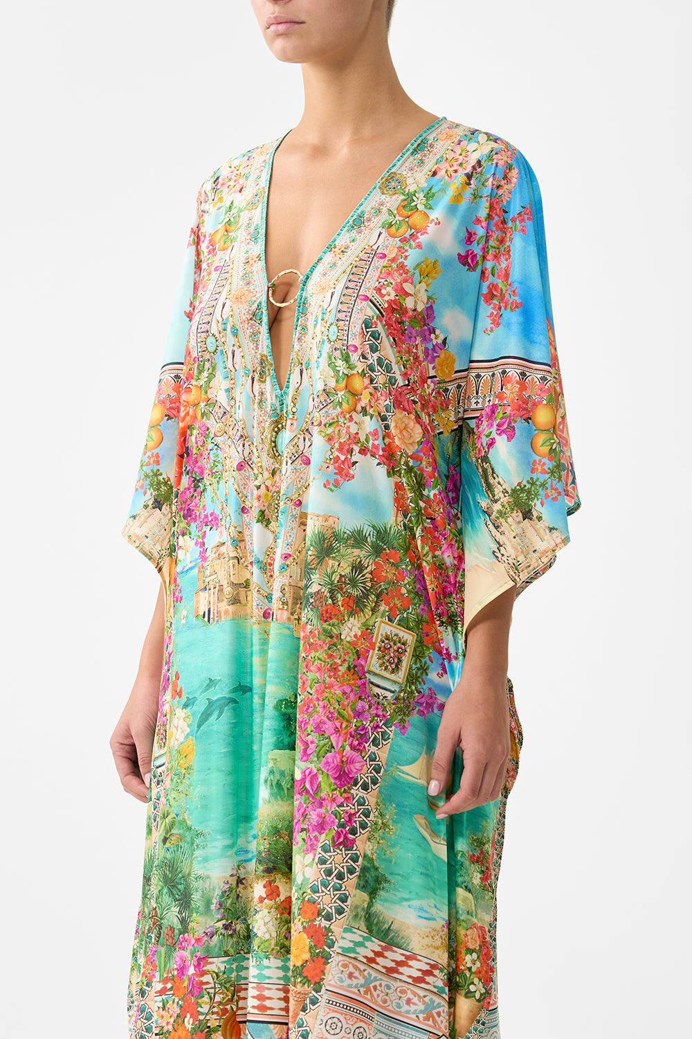 LONG V NECK KAFTAN WITH RING FRONT TRIM MEET ME IN MALLORCA