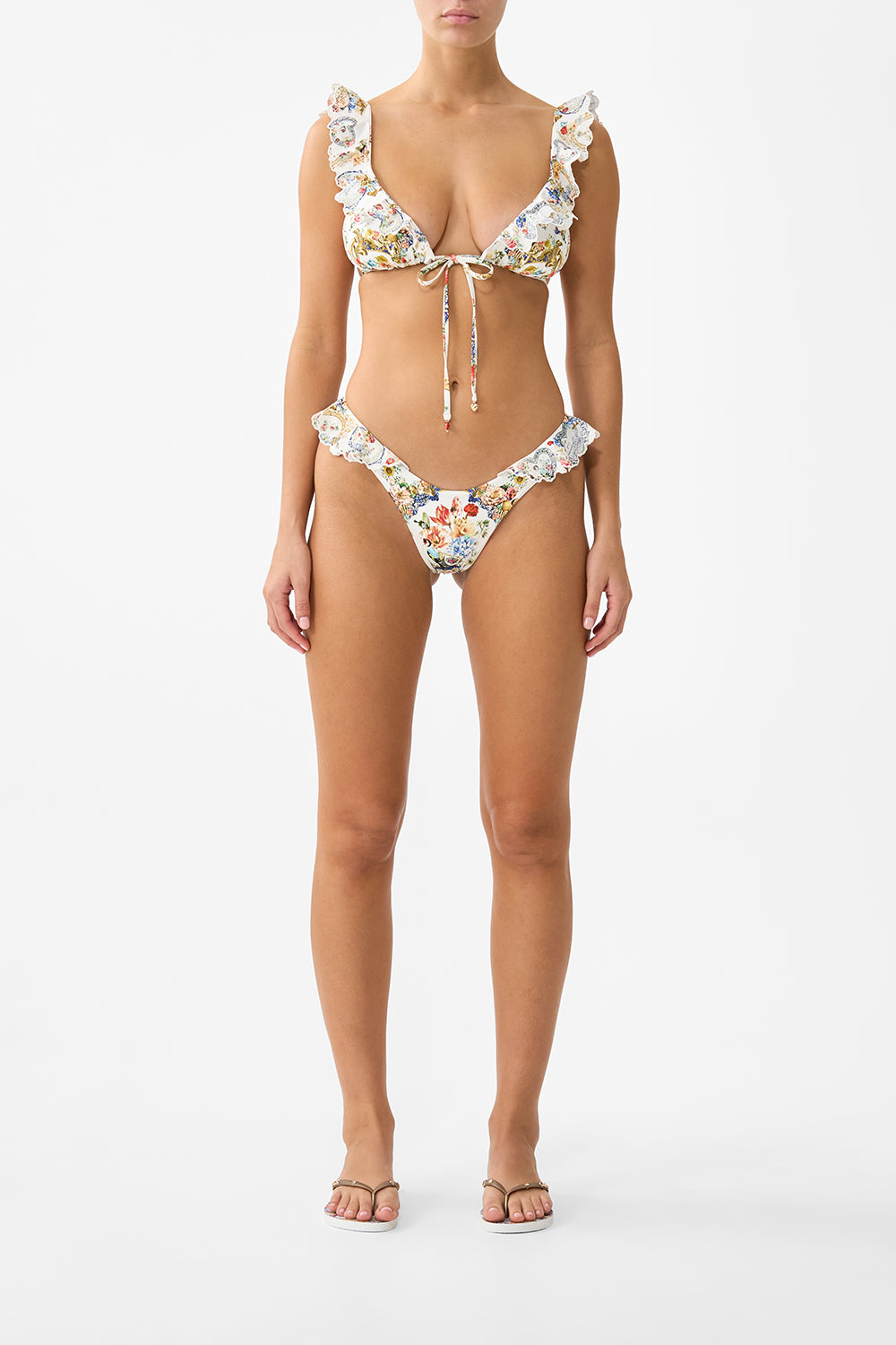 TIE FRONT TRI BIKINI TOP WITH FRILL NECK THE POTTERY PARLOUR