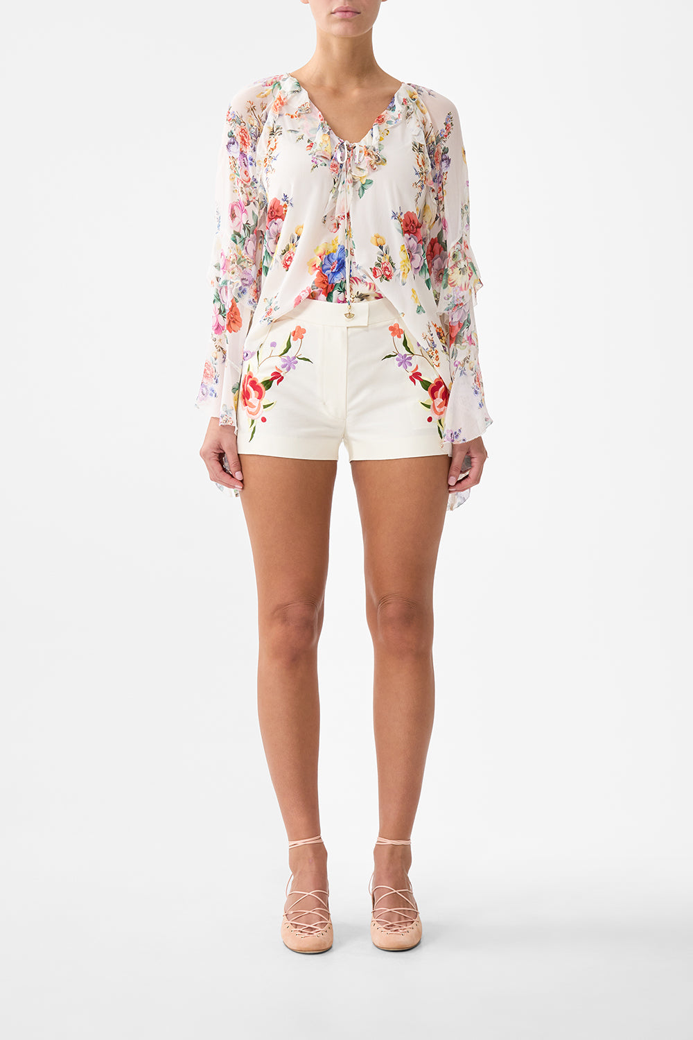 LACE UP V NECK BLOUSE WITH CASCADE RUFFLES I LEFT MY HEART IN GRANADA