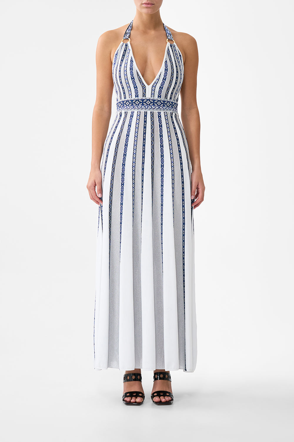 HALTER NECK KNIT DRESS WITH SILK TIE A TILED WONDERLAND