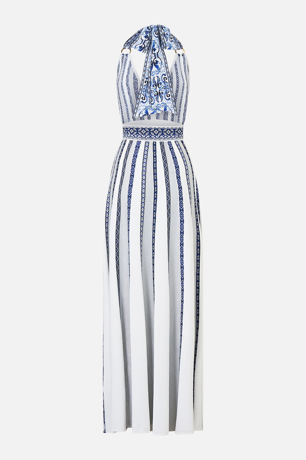 HALTER NECK KNIT DRESS WITH SILK TIE A TILED WONDERLAND