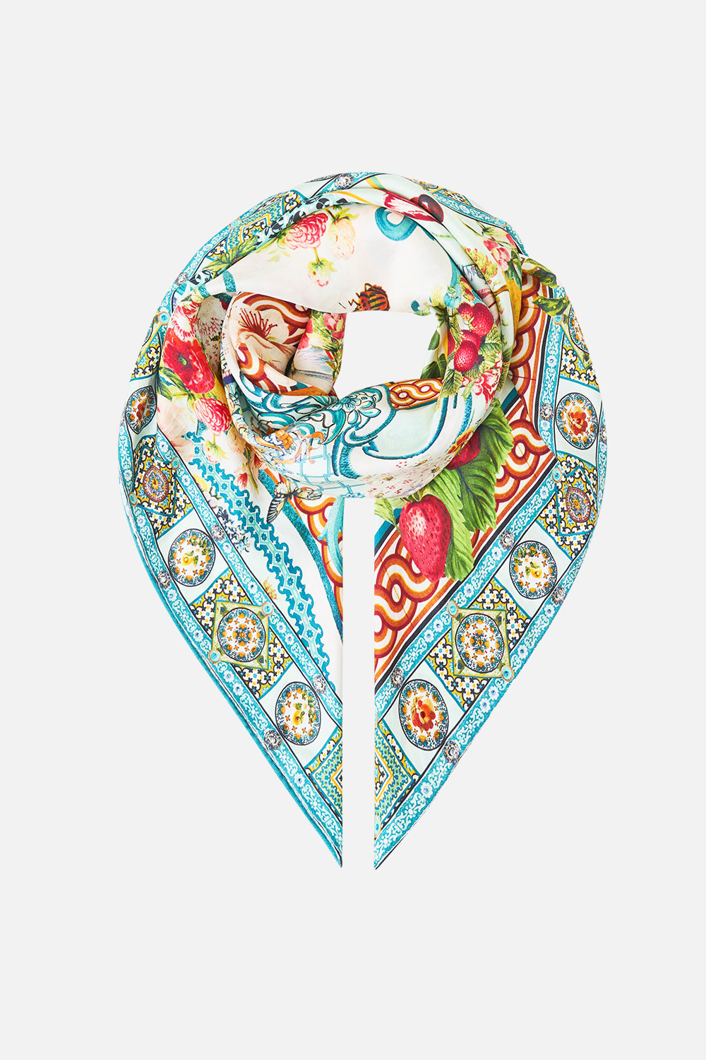 LARGE CRYSTALLED SILK SQUARE SCARF MAGIC OF THE MERCADO